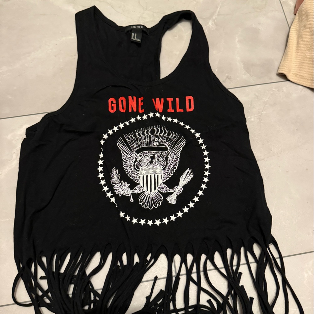 Black Fringe Tank Top with Eagle Print